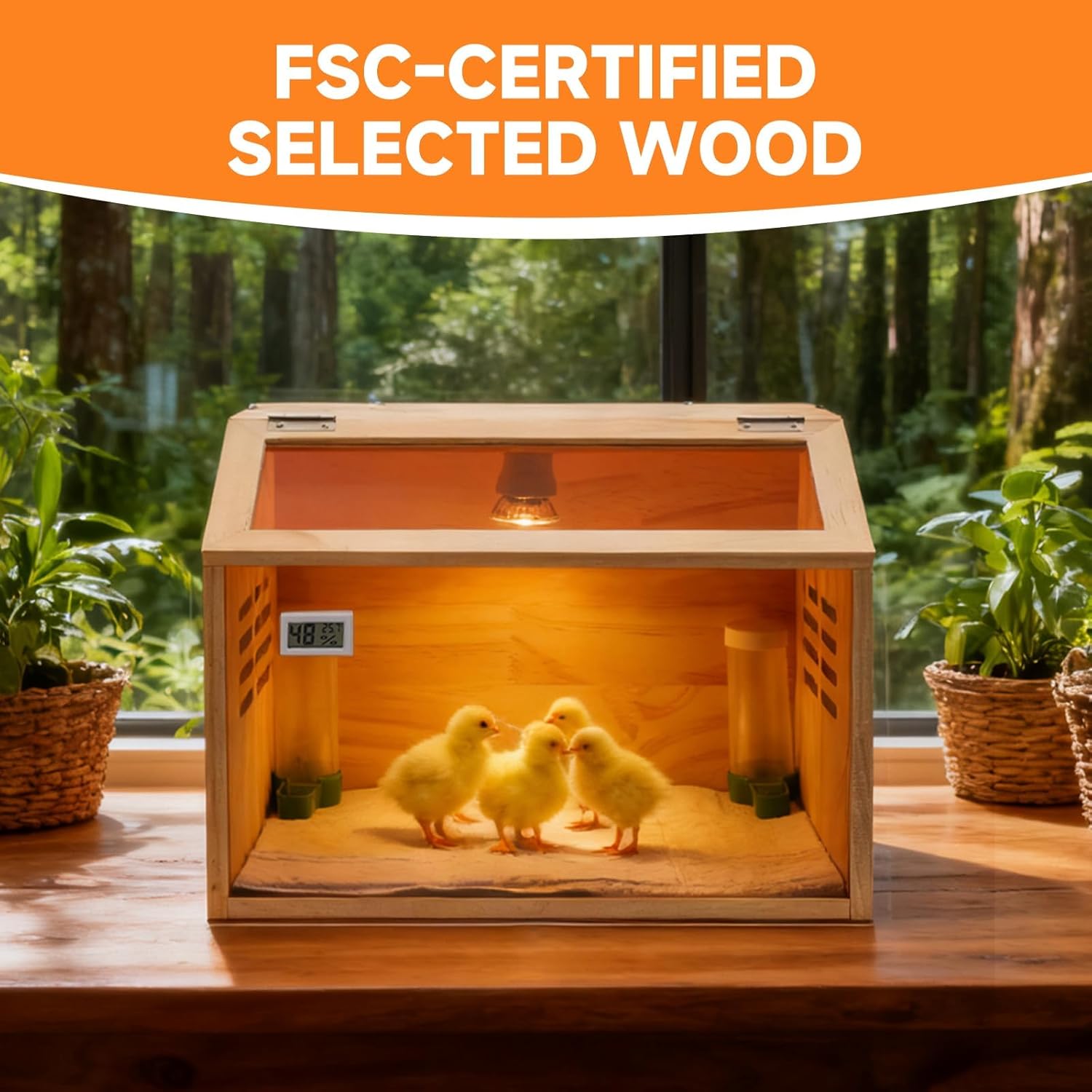 Brooder Box for Chicks Thick Wooden Chicken Brooder Box with Pre-Drilled Holes, Heating Lamp & Thermometer Included, Suitable for Chicks, Ducks, Quails, Hamsters & Small Animals 15.7 x 12 x 12 in