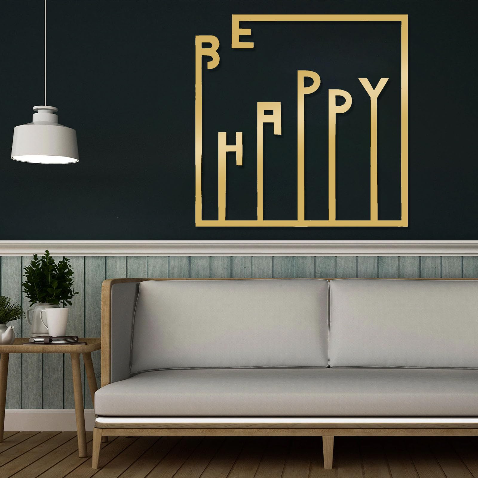 Współczesna abstrakcyjna metalowa dekoracja ścienna Be Happy Art, inspirujący wystrój, motywacyjne słowa wiszące, pozytywne cytaty prezent na parapetówkę do biura domu (80 x 80 cm, złoty)