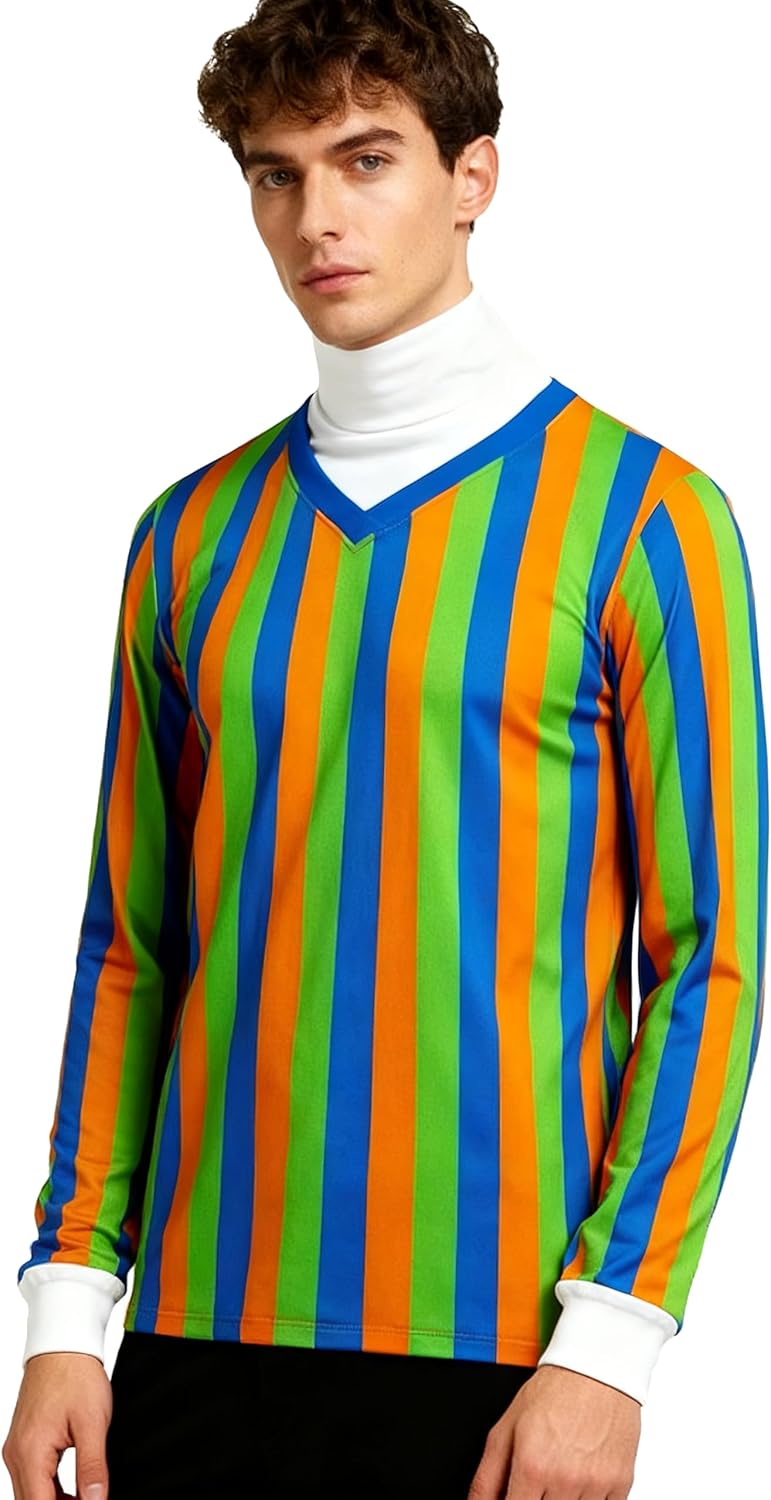 60 70s Adult Men's Neck Pullover Shirt Costume Cosplay Stripe Long Sleeve Shirt - Image 2