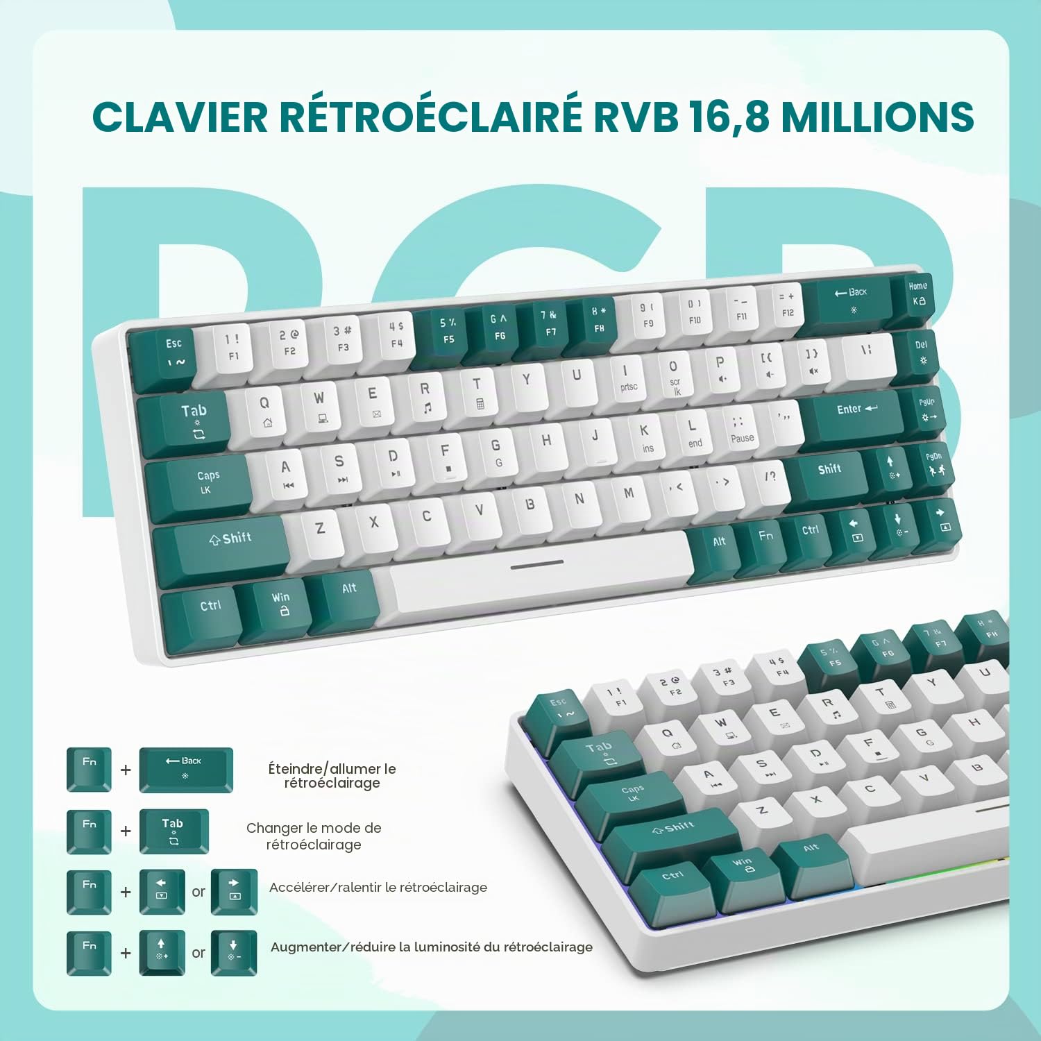 YINDIAO T8 Mini Clavier Mécanique de Jeu 60% - 68 Touches, Rétroéclairage 18 Chroma RVB, Interrupteur Bleu, Câble Spiralé USB C - Compatible PC, Laptop, Mac, PS4, Xbox - Vert