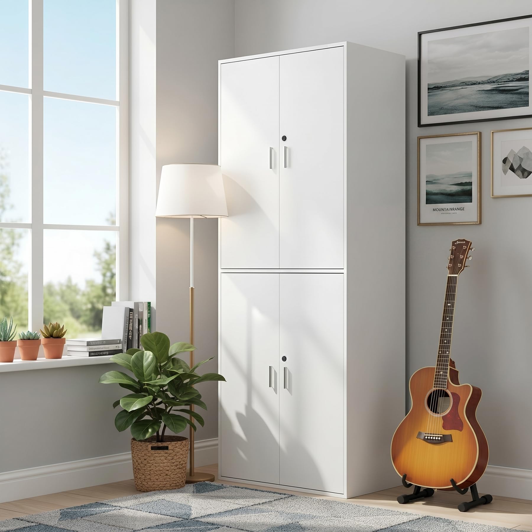 1 Pezzo Mobiletto in Legno con Serratura 4 Ante e 6 Ripiani, Armadio Ufficio Salvaspazio Ideale per Riporre Attrezzi/Alto/Perfetto Ufficio/Camera da Letto/Soggiorno/Bagno/Garage/Bianco/78x40x200CM