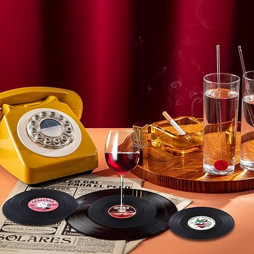 Miniatura 6 de Divertidos posavasos retro para discos de vinilo para bebidas, regalos de elefante blanco para amantes de la música, juego de 6 posavasos de vinilo