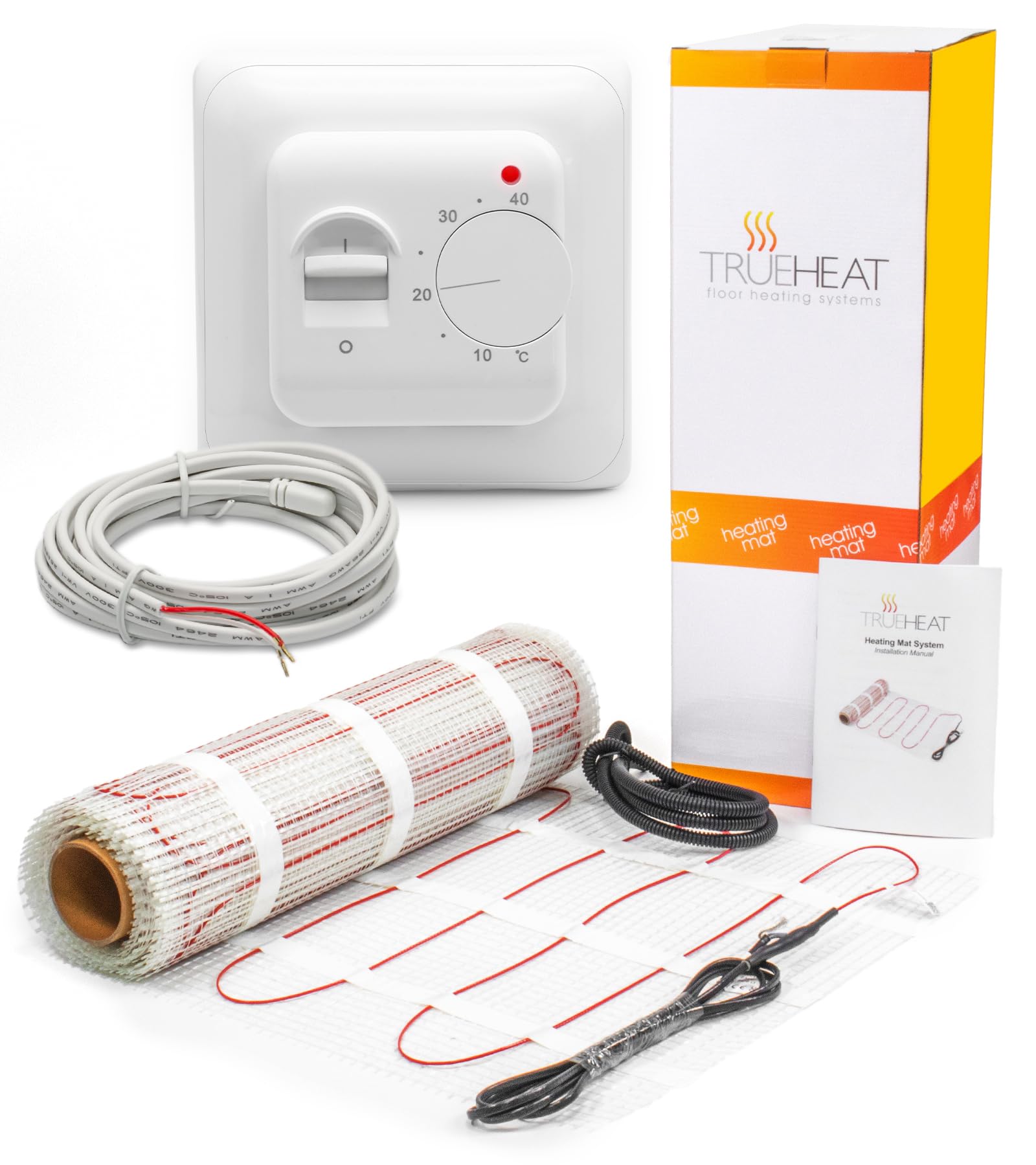 Trueheat White Dial Electric Underfloor Heating Mat Kit For Tile Or Stone Floors 200W/M2 - Choice Of Size & Thermostat