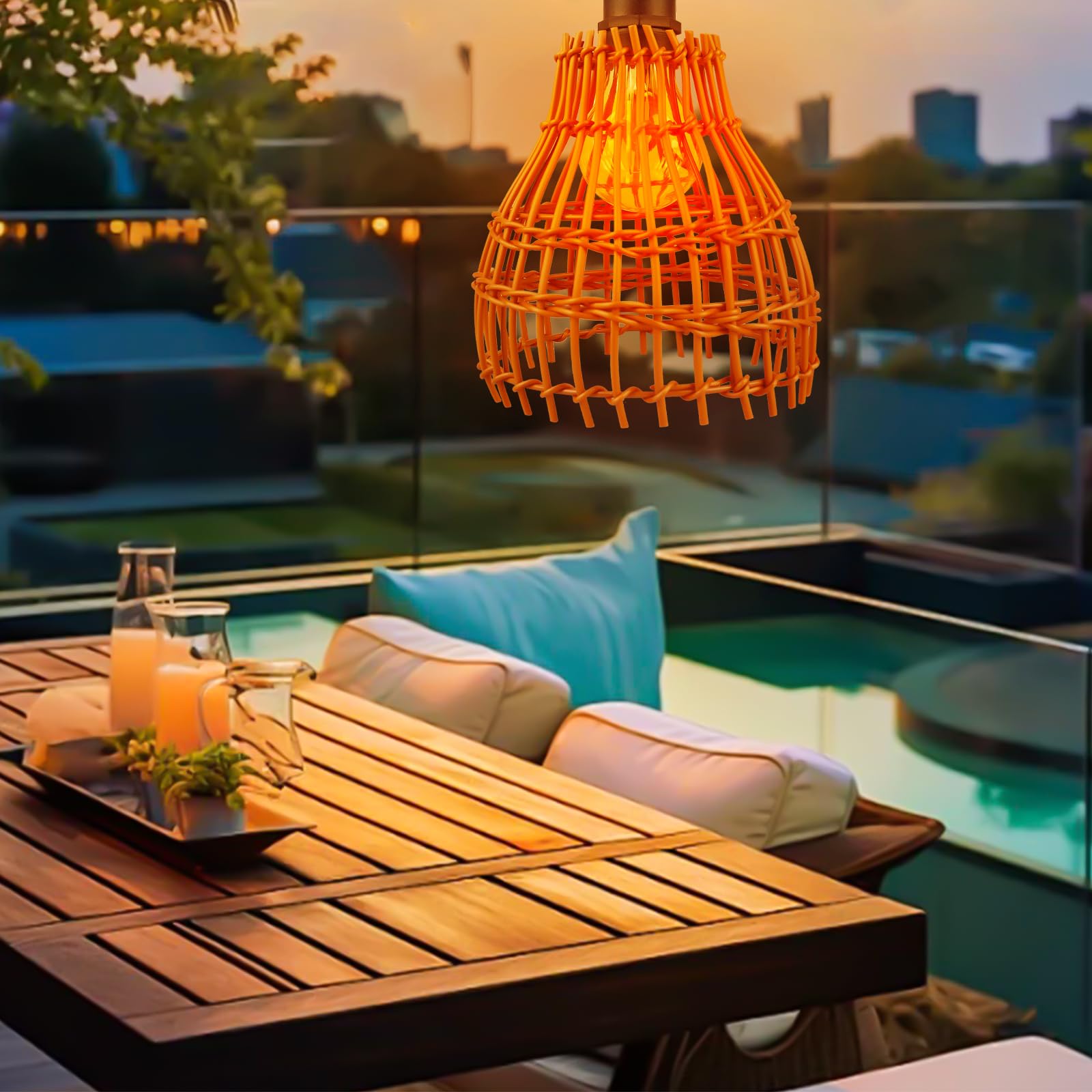 Lampada a sospensione in rattan: 2 pezzi a batteria, lampada a sospensione boho con telecomando, per esterni, per giardino, esterni, per terrazze e gazebo