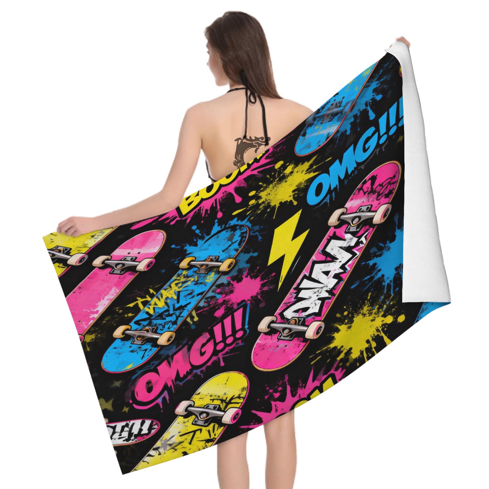 Leichong 3D Skate Board Beach Towel Microfiber Soft Quick Dry for Adults, Trendy Bath Towel Lightweight Soft Absorbent for Travel Swimming Pool Sports, 75 x 150 cm