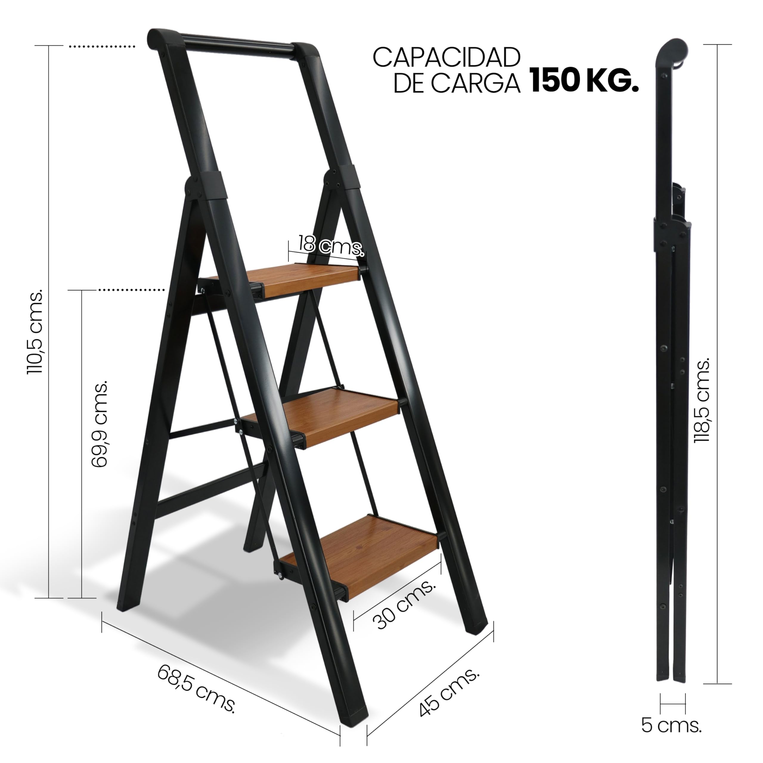 UZIRO Escaleras Plegables 3 Peldaños, Escalera de Aluminio 3 Peldaños Anchos, Sistema Antodeslizante, Muy Liviana y Facil de Guadar