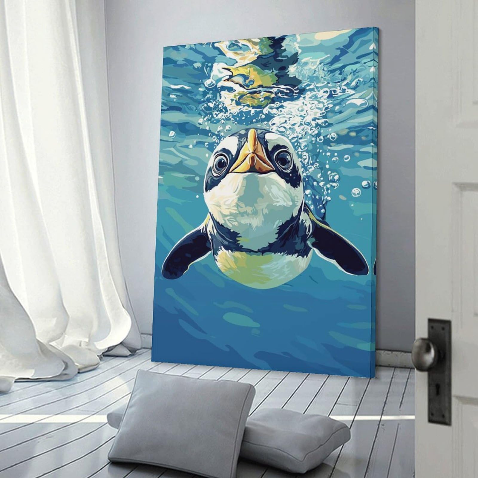 Junmoney Penguin Swimming Underwater Wall Decor Canvas Print 24x36inch(60x90cm), for Sofa Walls, Lounge Or Home Corners, Modern Wall Decor for Cosy Interiors