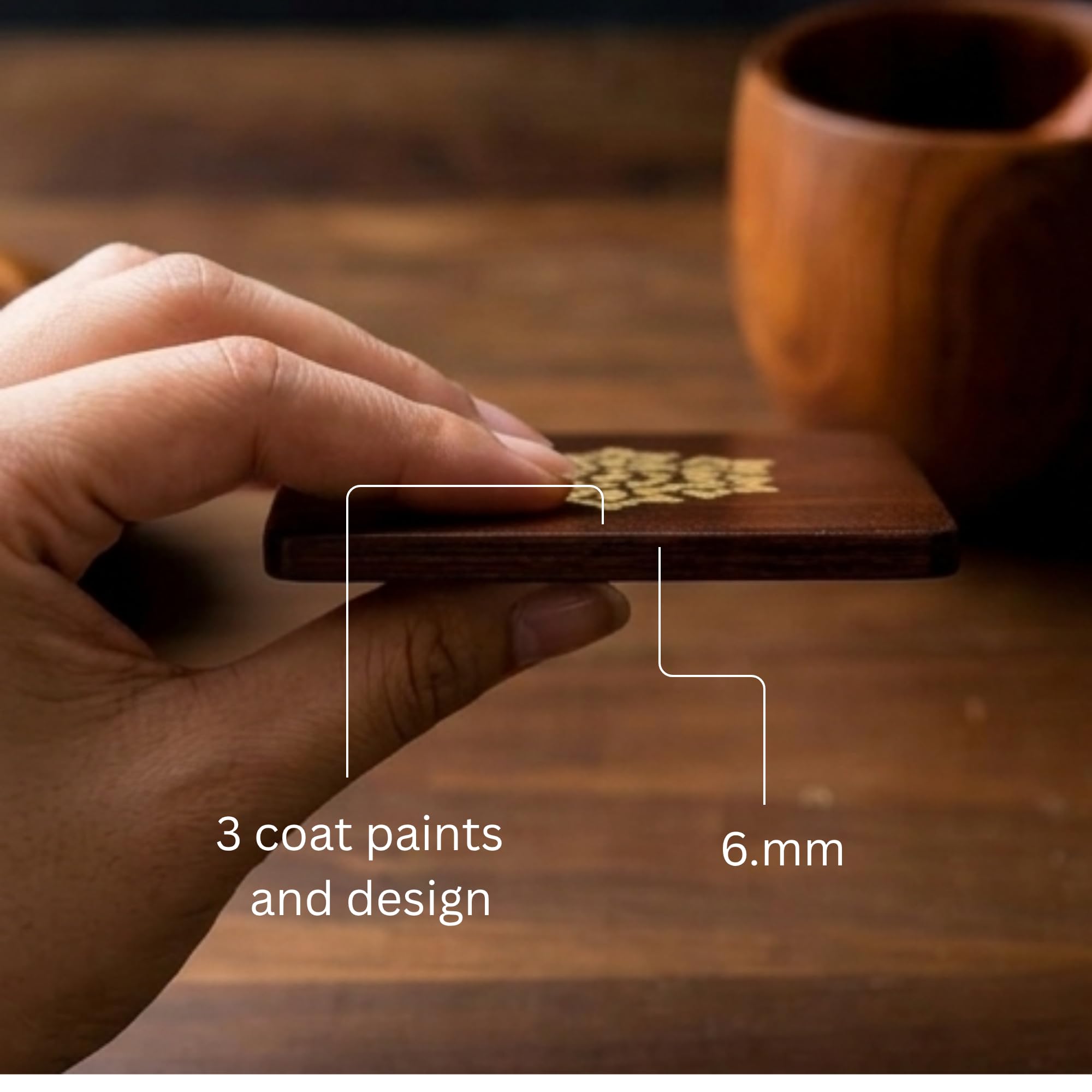 Premium Handmade Wooden Tea Coasters for Dining Table Set of 4 with Holder 150°C high Heat Resistant Drink Coasters for Coffee Mugs, Cups and Glasses hardWood walnut with golden design Gifting — Amazon image 7