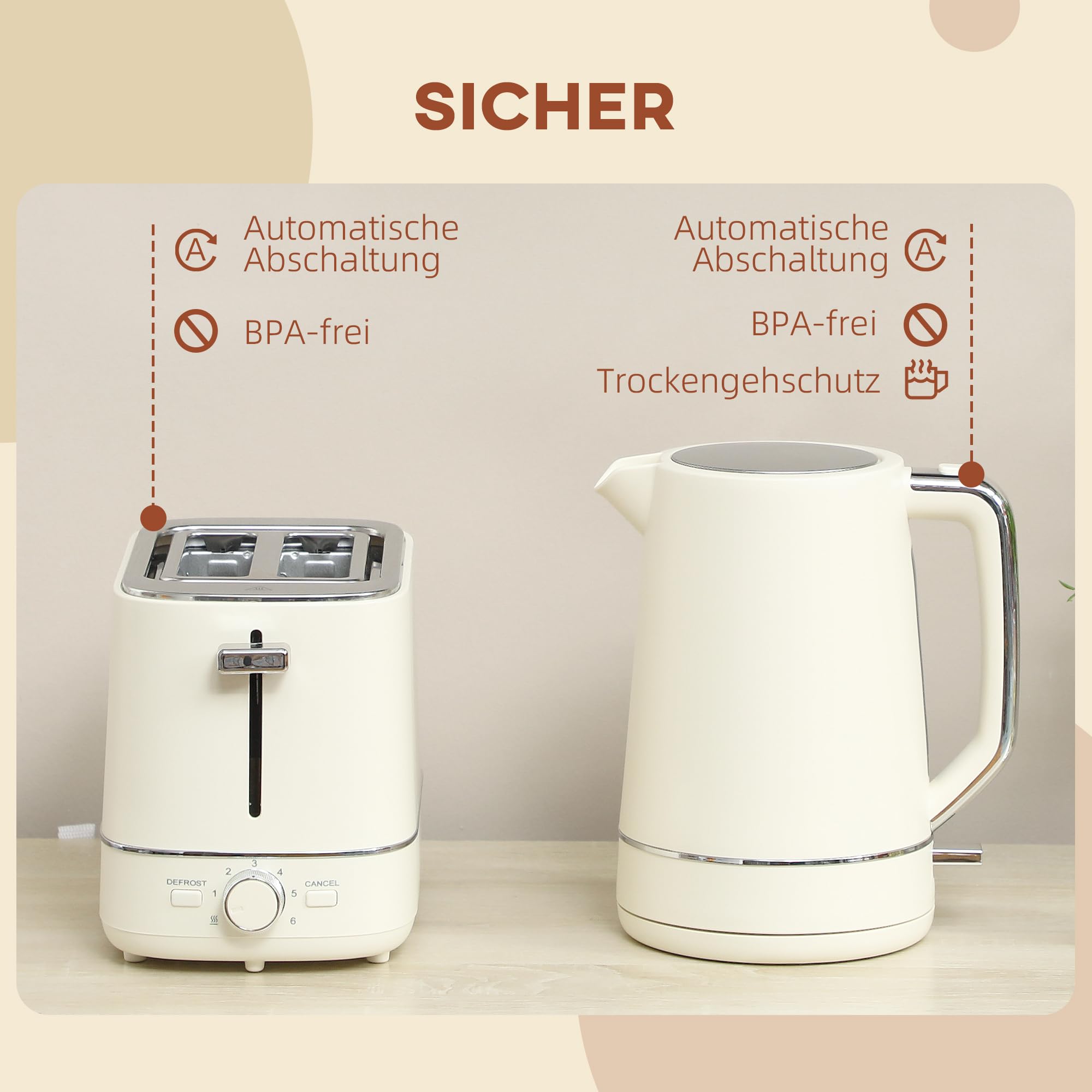 HOMCOM Hervidor Tostador 2200 W 1.7L Hervidor, tostador de 2 discos, 6 niveles de tostado, recalentar y descongelar, set de desayuno con termostato UK Otter, filtro antical y bandeja recogemigas Beige