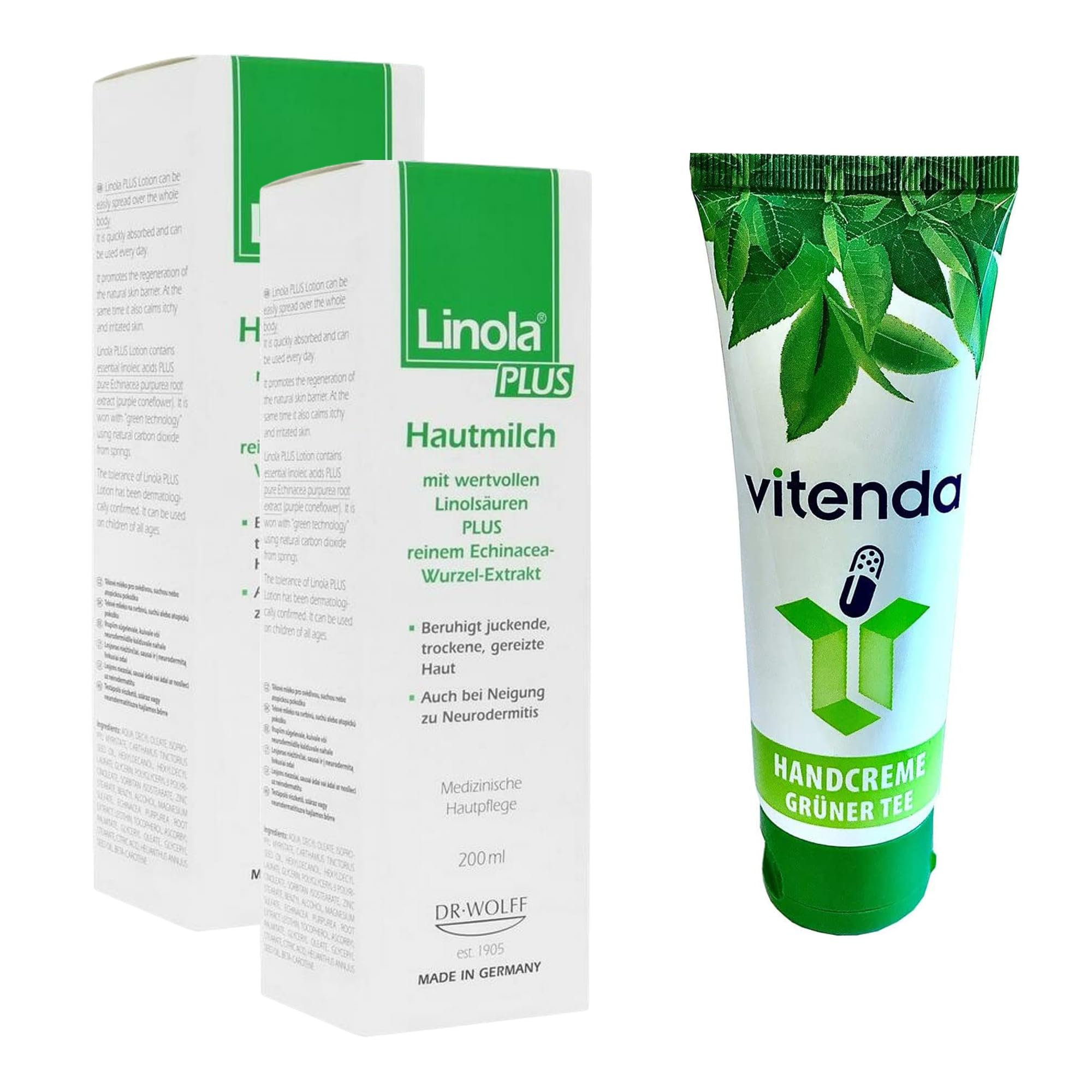 Set: Intensiv-Hautmilch für juckende, trockene & gereizte Haut mit Linola Plus, mit Distelöl & Echinacea, 2x200ml – inkl. vitenda Handcreme