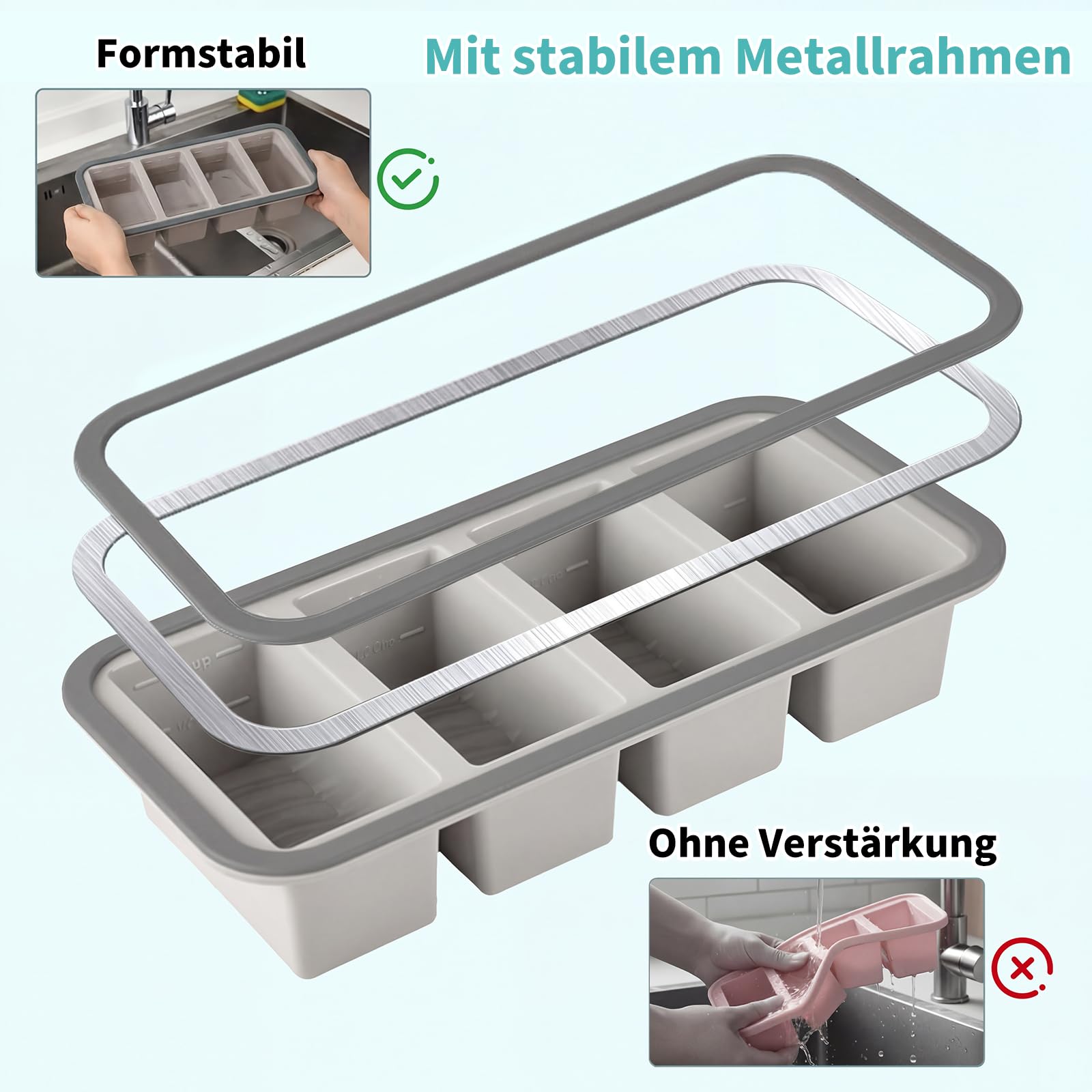 Silikonowy pojemnik z pokrywką, zestaw 3 szt., po 4 komory, na zupę, bulion, sosy i meal prep, podziałka 125/250 ml, wzmocniona krawędź, BPA free, sztaplowany