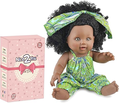 Nice2you Muñecas de bebé negras, muñeca negra afroamericana de 10 pulgadas para niña de 1 a 3, muñeca realista para niños pequeños de 1 2 3 4 5