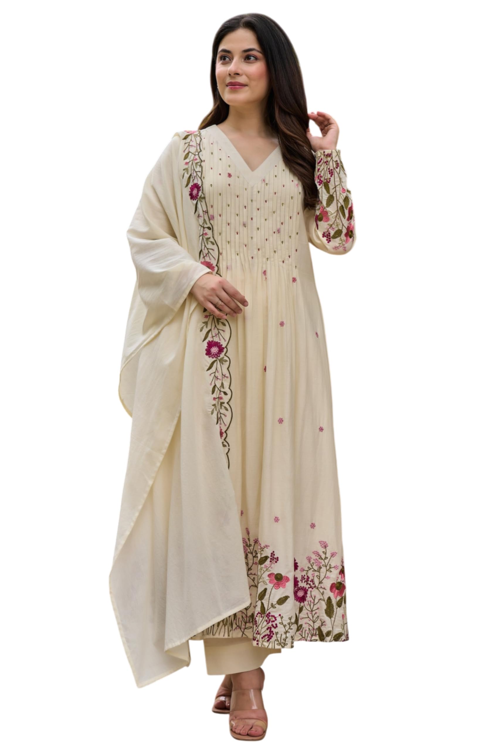 Women Embroidered Anarkali Kurta Pant Set with Dupatta | Floral Ethnic Design Long Kurti Suit for Women-image-24