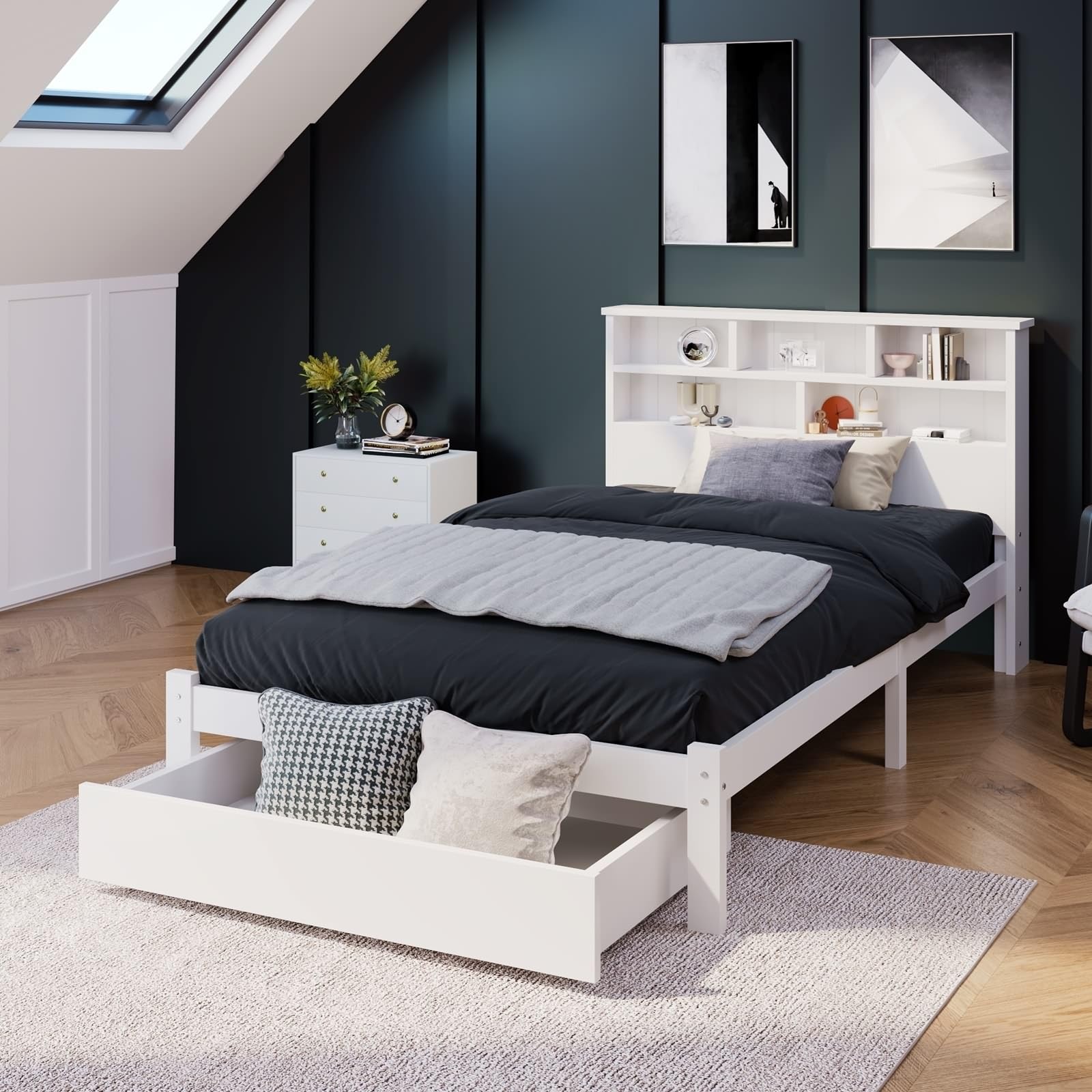 Daesar Letto Singolo 90x200, Letto In Legno Massello con Rete A Doghe, Giroletto con Cassetti e Libreria, per Adulti e Bambini, Bianco (Senza Materasso)