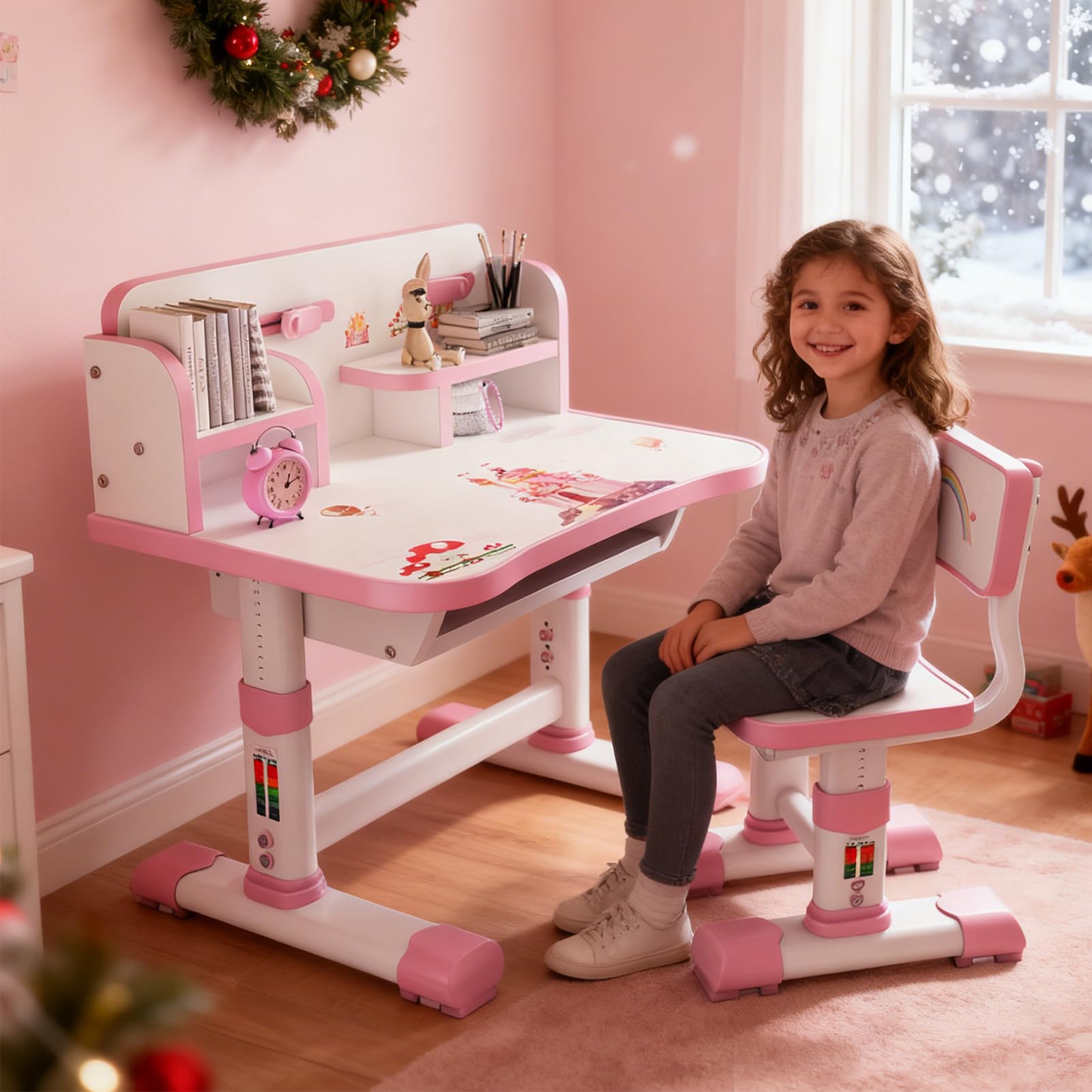 ohfruit Kindertisch und Stühle, einfache Montage, höhenverstellbar (65 bis 71 cm), Kinderschreibtisch mit großer Schreibtafel, ergonomischer Lerntisch und Stuhl-Set für Mädchen, ideal für Hausaufgaben