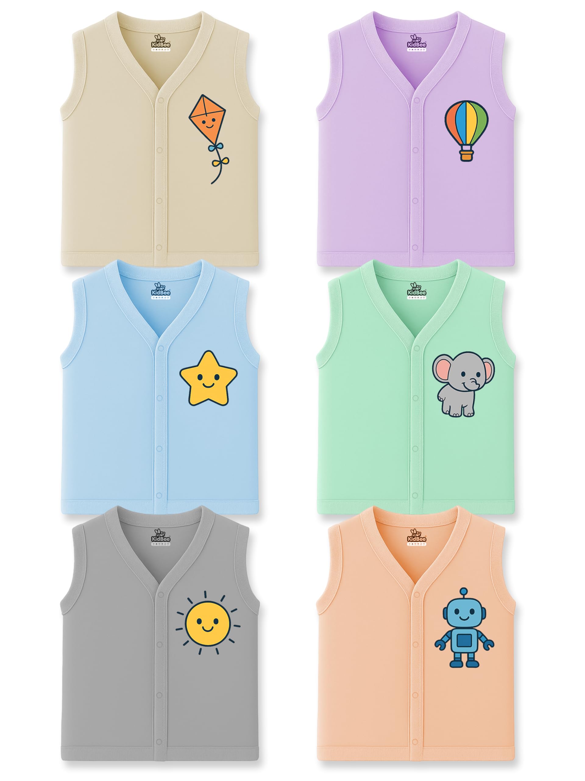 kidbee Baby Sleeveless Front Open Jabla – Pack of 6 | Soft Cotton V-Neck Shirt with Cute Prints-picture-12
