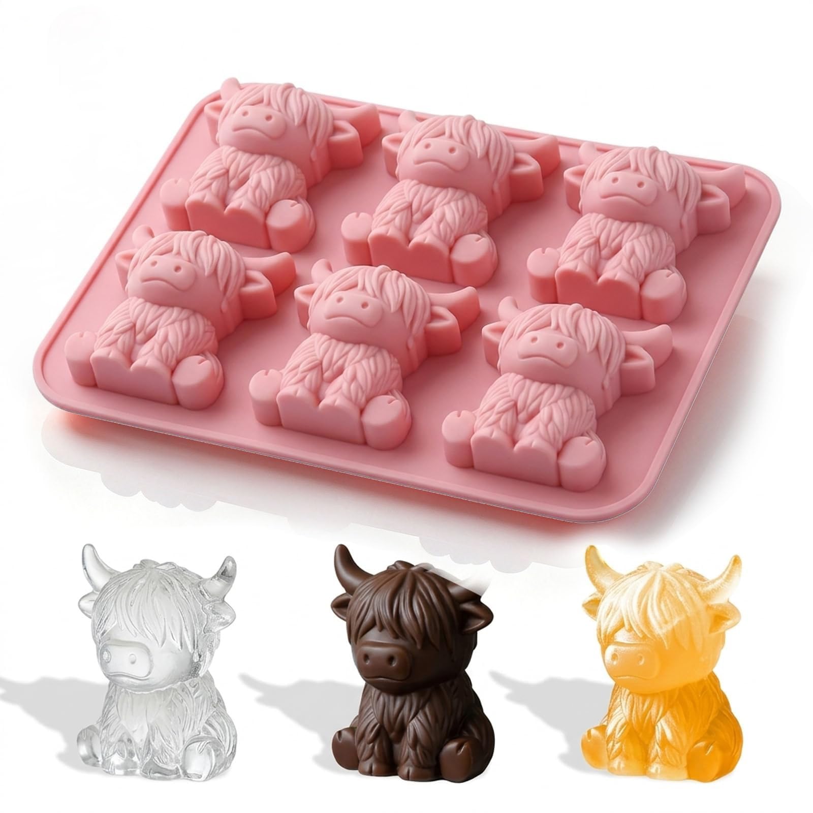 Highland Cow Ice Cube Tray, Highland Cow Gifts for Women Men, Funny Silicone Ice Mold for Bourbon, Cocktail, Chocolate, Candy, Jelly, Homemade Treats(Pink)