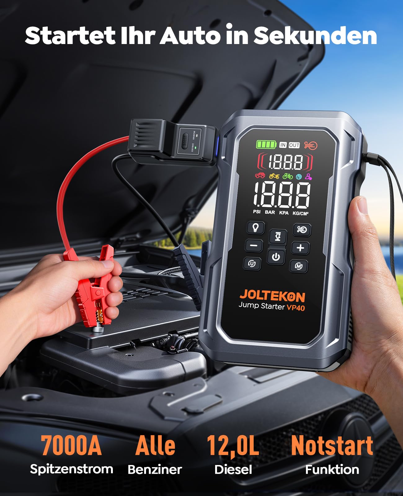 7000A Auto Starthilfe Powerbank für Pkw, Starthilfe für Alle Benzin und 12,0L Diesel, Starthilfe Powerbank mit Gebläse und 160PSI Kompressor, Starthilfe mit 800 Lumen LED Leuchte und 3,3'' LCD Display