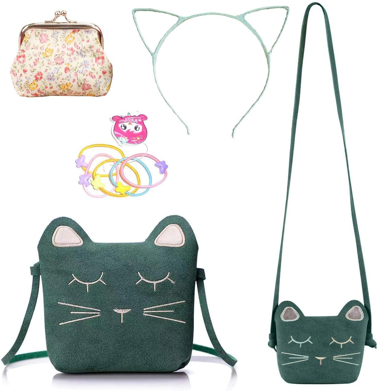 Delphinus Cute Cat Crossbody Bag, 4Pack Little Girls Purses Cute Cat Bag with 1 Mini Coin Purse Cat Headband and Elastic Hair Ties(Green)