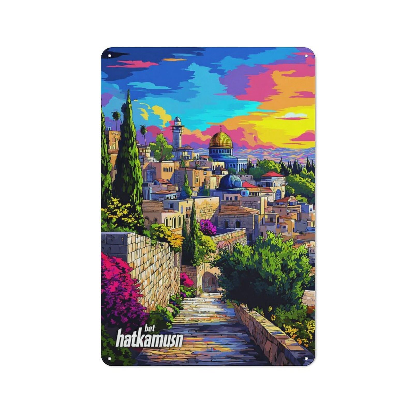 Junmoney Jerusalem's Vibrant Landscapes Decorative Tin Sign With Design 30X20cm, Classic Retro Room Decor For Kitchen, Hallway, Bar Or Small Cafe