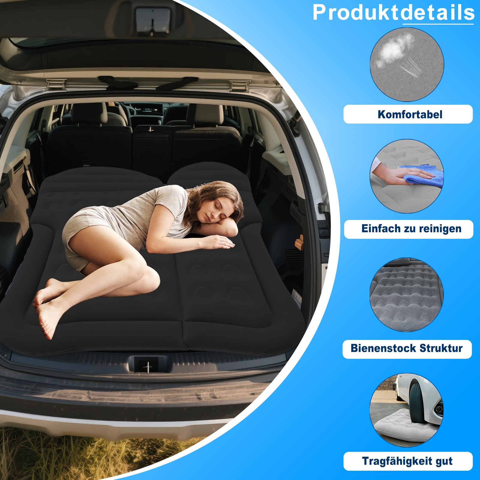 SUV Auto Matratze Luftmatratze, Aufblasbare Auto Luftmatratze für Kofferraum & Rückbank, Luftbett Auto Matratze mit Pumpe & 2 Kissen, Automatratze für Camping Reise Outdoor Komfort (Schwarz)
