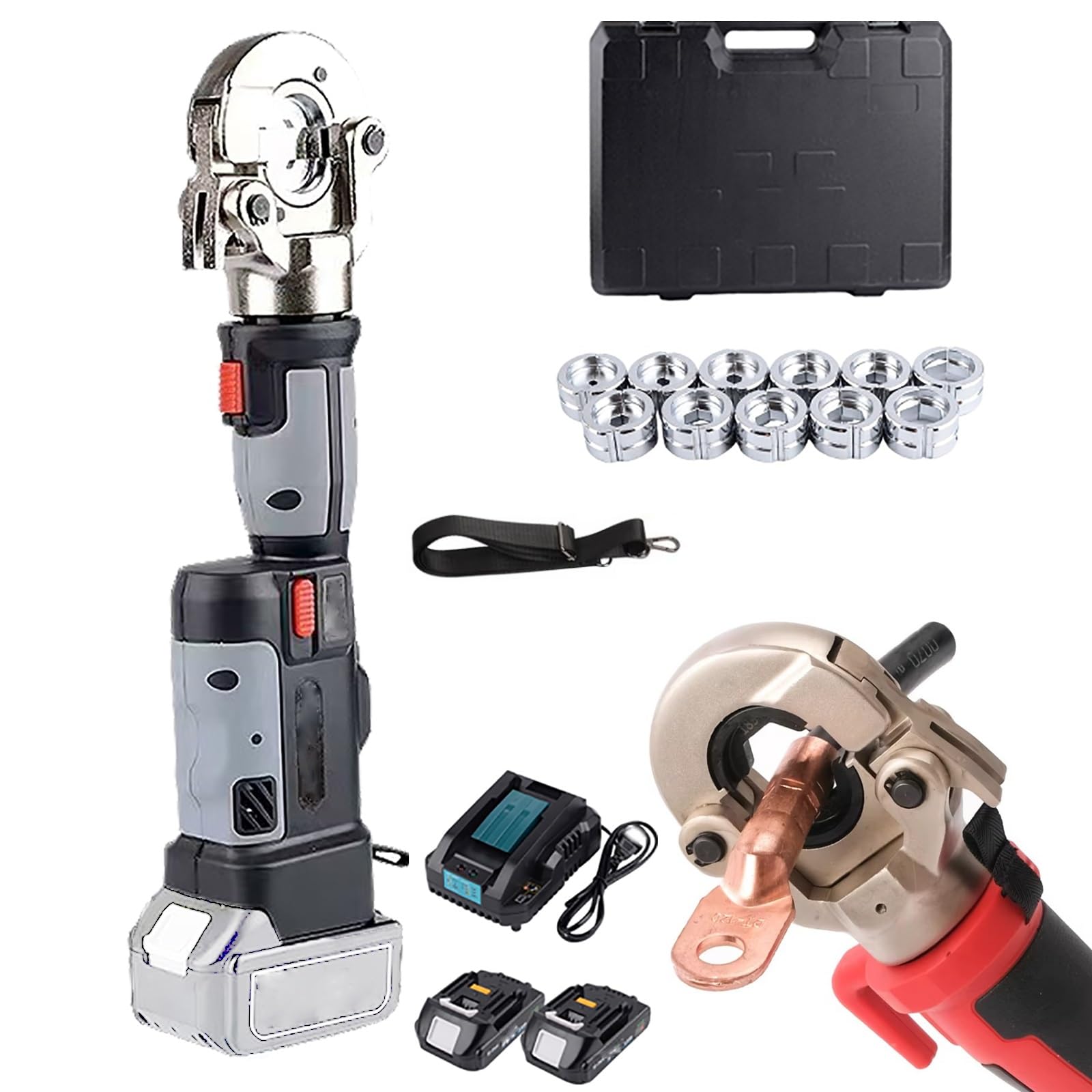Myuyee Grey Electric Hydraulic Crimping Tool Kit With 12 Pairs Of Dies, Rechargeable, For Electrical Terminals & Wires 16-300Mm2 (Grey)