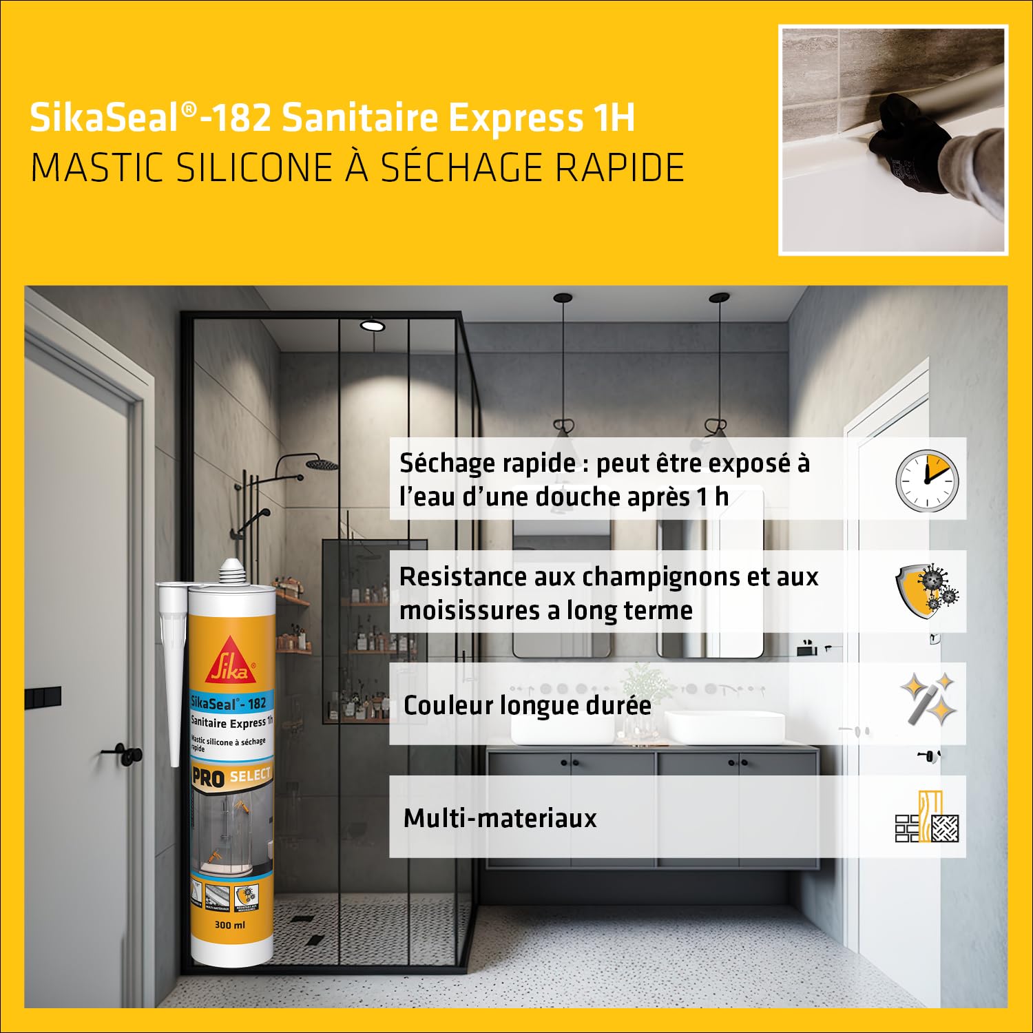 SIKA - Colle de fixation élévée à maintien immédiat - Intérieur et extérieur - Blanc - 290ml + 2x Mastic silicone à séchage rapide - Anti-moisissures - Joint sanitaire - Blanc - 2x300ml