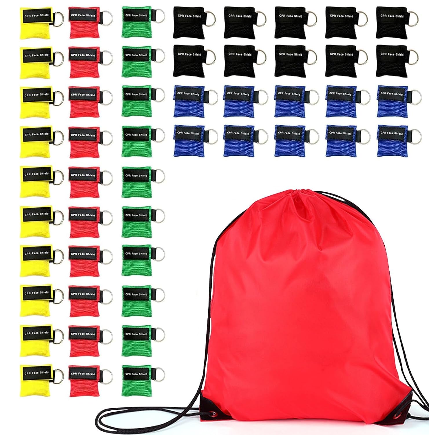 Set of 50 CPR Mask&amp; Red Bag, CPR Shield Mask Key Chain Ring, CPR Keychain with One-Way Valve Breathing Barrier for First Aid or AED Training