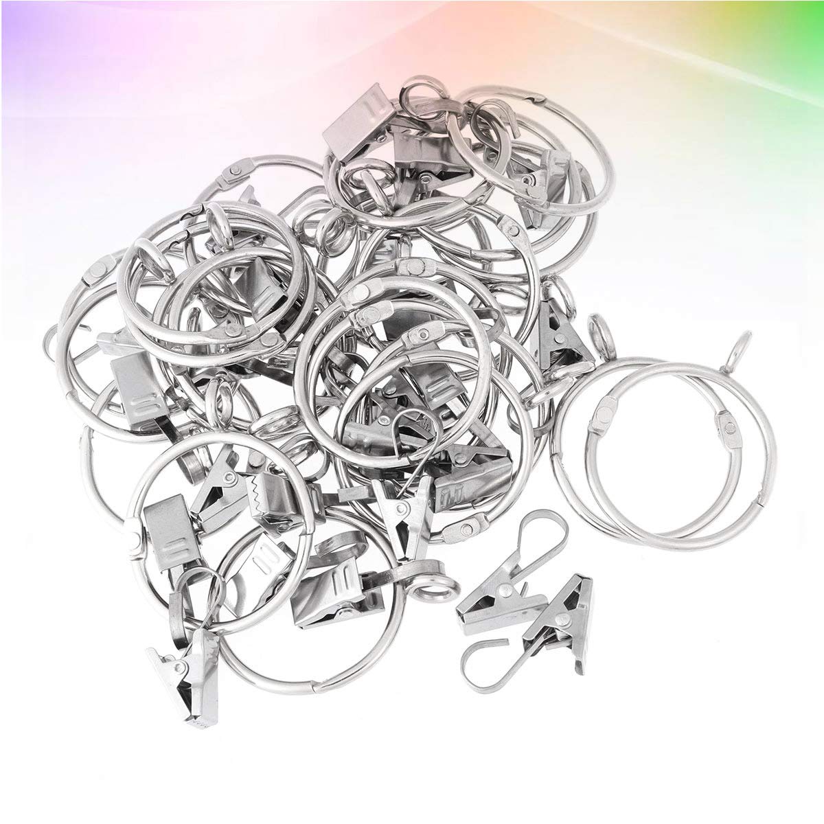 TOPBATHY 60pcs Curtain Rings with Clips openable Ring Hook Set Metal Drapery Clips Holder rustproof Vintage Home Bathroom Accessories (Silver 38mm Ring 30pcs + Iron-Flat Hook Clip 30pcs)