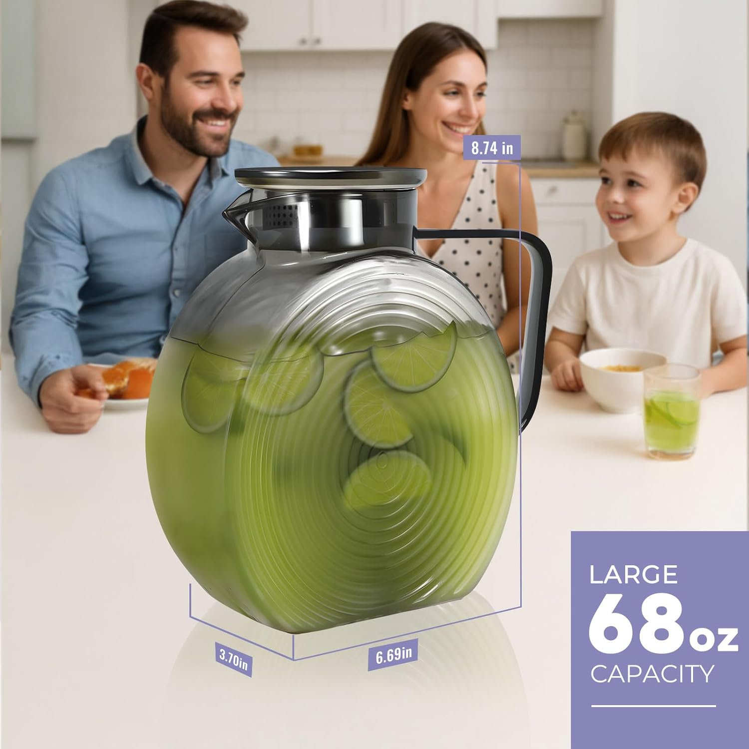 Glass Pitcher With Lid, 2 Liter 68 oz Glass Water Pitchers With handle and lid, 0.528 Gallon Tea Pitcher For Fridge, Carafe Jug Jar For Hot/Cold Water Iced Tea Juice Coffee Milk Beverage (Grey) - Image 6