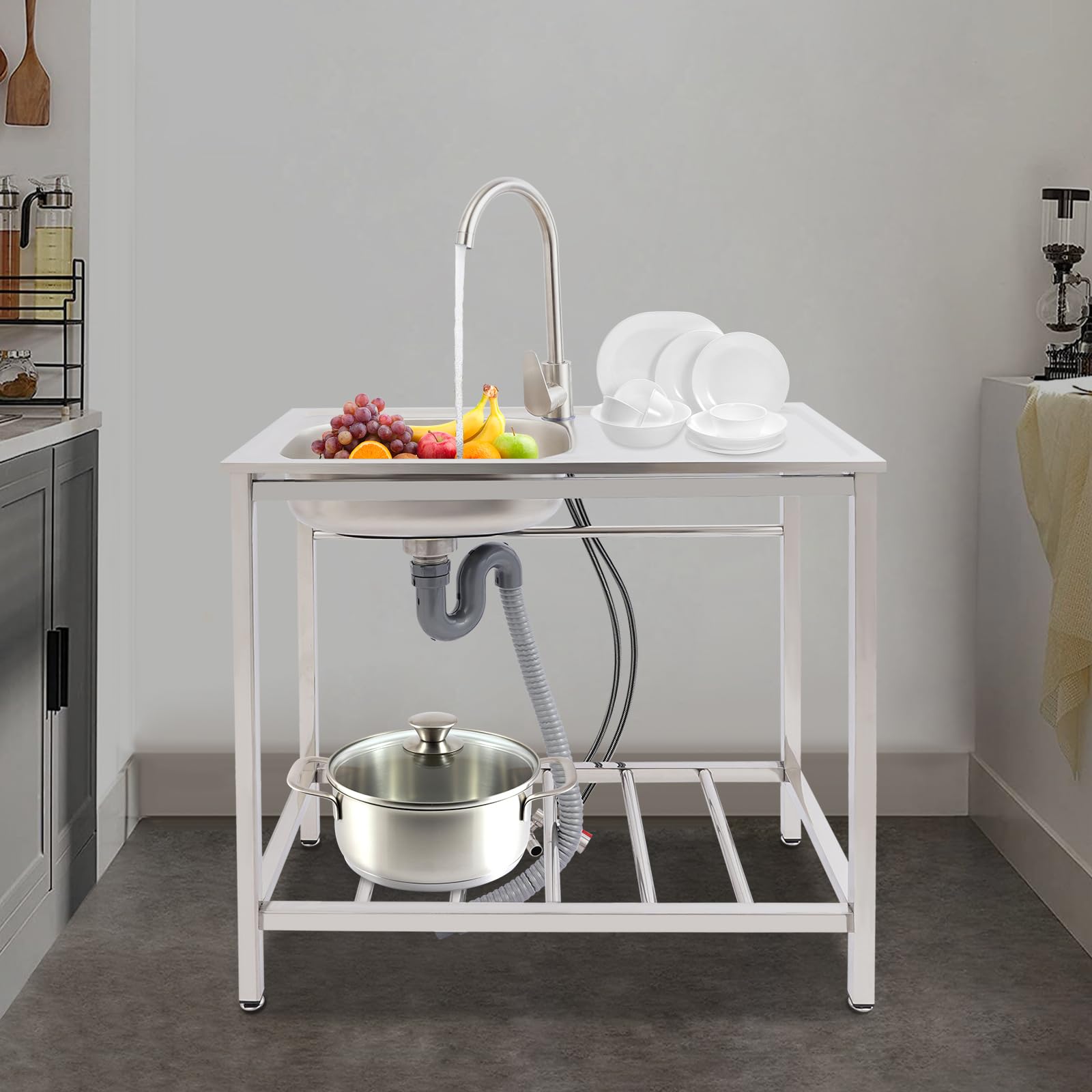 Fregadero de cocina independiente de acero inoxidable, 75 x 40 cm, con grifo | Fregadero de cocina independiente de acero inoxidable para jardín y terraza con desagüe y patas ajustables