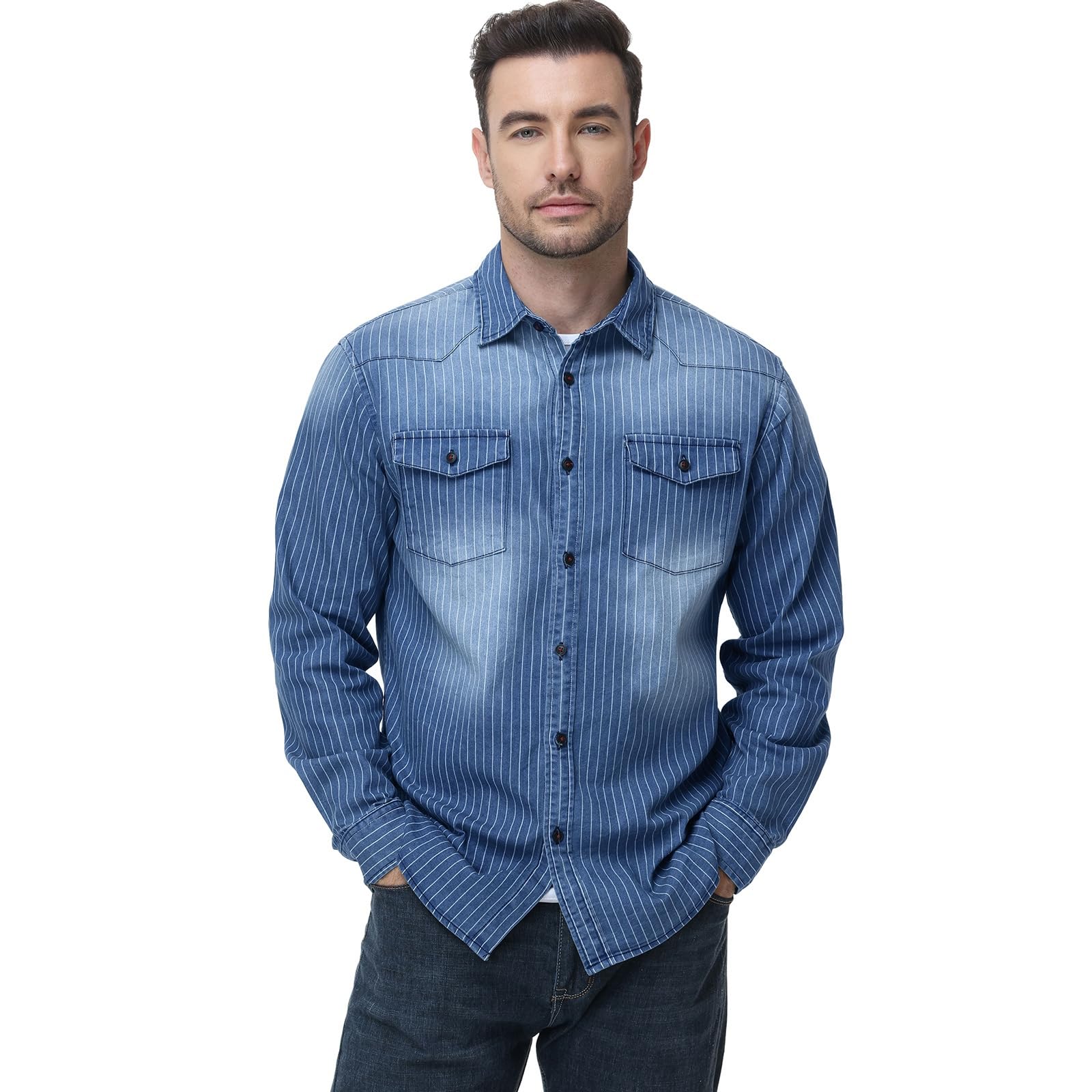HOTIAN Chemise pour Homme, en Denim, à Manches Longues, pour Loisirs, Affaires, Coupe ajustée
