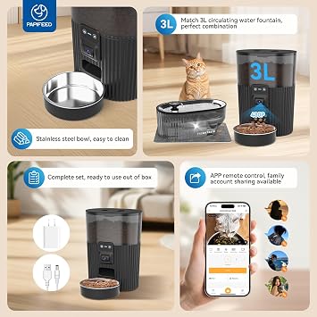 PAPIFEED Automatic Cat Feeder with Camera and Water Fountain, 2.4G WiFi App Pet Food Dispenser, 3.5L Capacity, 84 oz Drinking Fountain, Two-Way Audio (Black Suit)