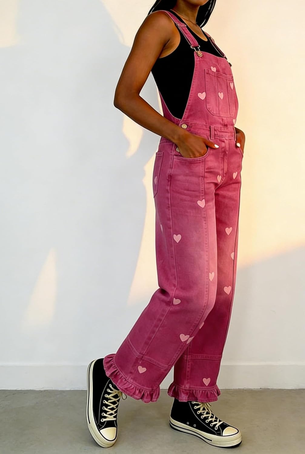 utcoco Womens Heart Printed Denim Overalls Y2k Baggy Patchwork Boyfriend Barrel Jeans Wide Leg Denim Jumpsuit