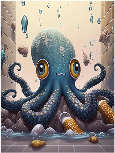 Champi Baño de pulpo, kit de pintura artística de diamante para adultos, para principiantes, 5D redondo completo diamante cuentas de diamante número