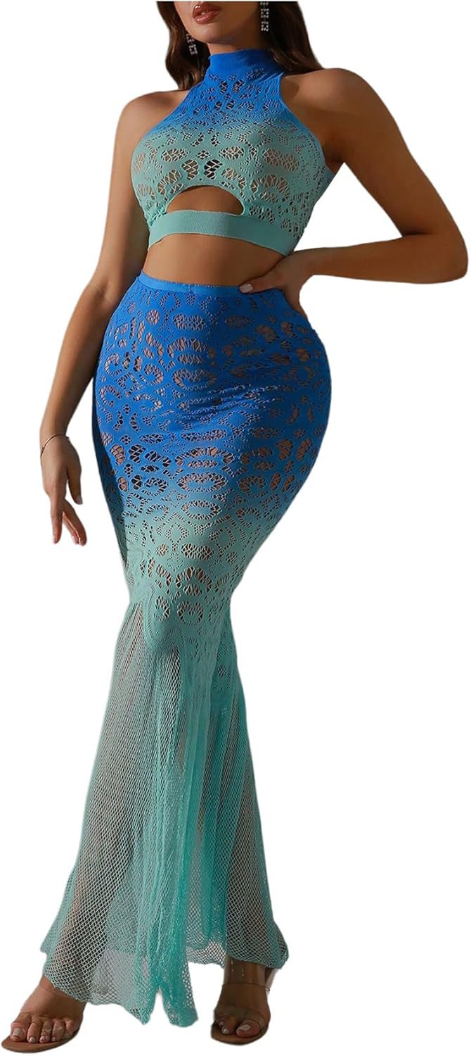 Womens 2 Piece Lingerie Set Ombre Sheer Sleeveless Tank Crop Tops Bodycon Maxi Skirt Sexy Lingerie