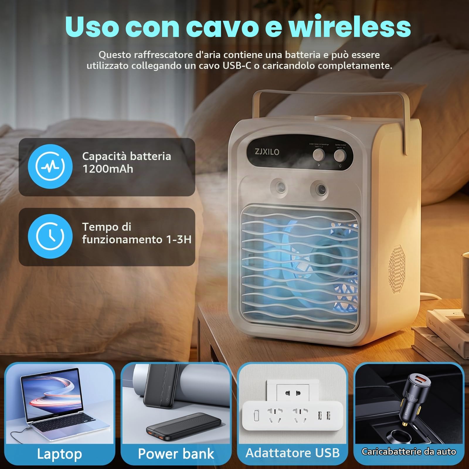 Condizionatore Portatile, Condizionatore d'aria Portatile, Ventilatore USB Portatile, Humidifier, Silenziosocon, 3 Velocità, 2 Modalità di Nebbia, con Serbatoio da 1000ml, per Casa, Ufficio