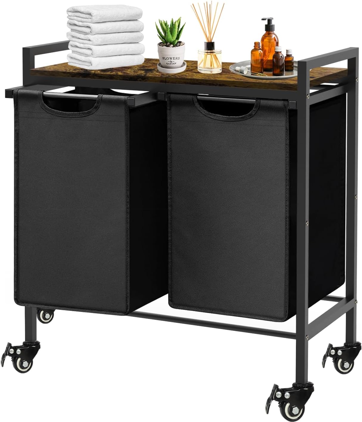 Double Laundry Hamper with Wheels & 2 Pull Out Section Removable Bags, Extra Large Dual Rolling Laundry Sorter Basket Organizer with Shelf for Bathroom, Bedroom, Laundry Room, 2 x 9Gal, Black