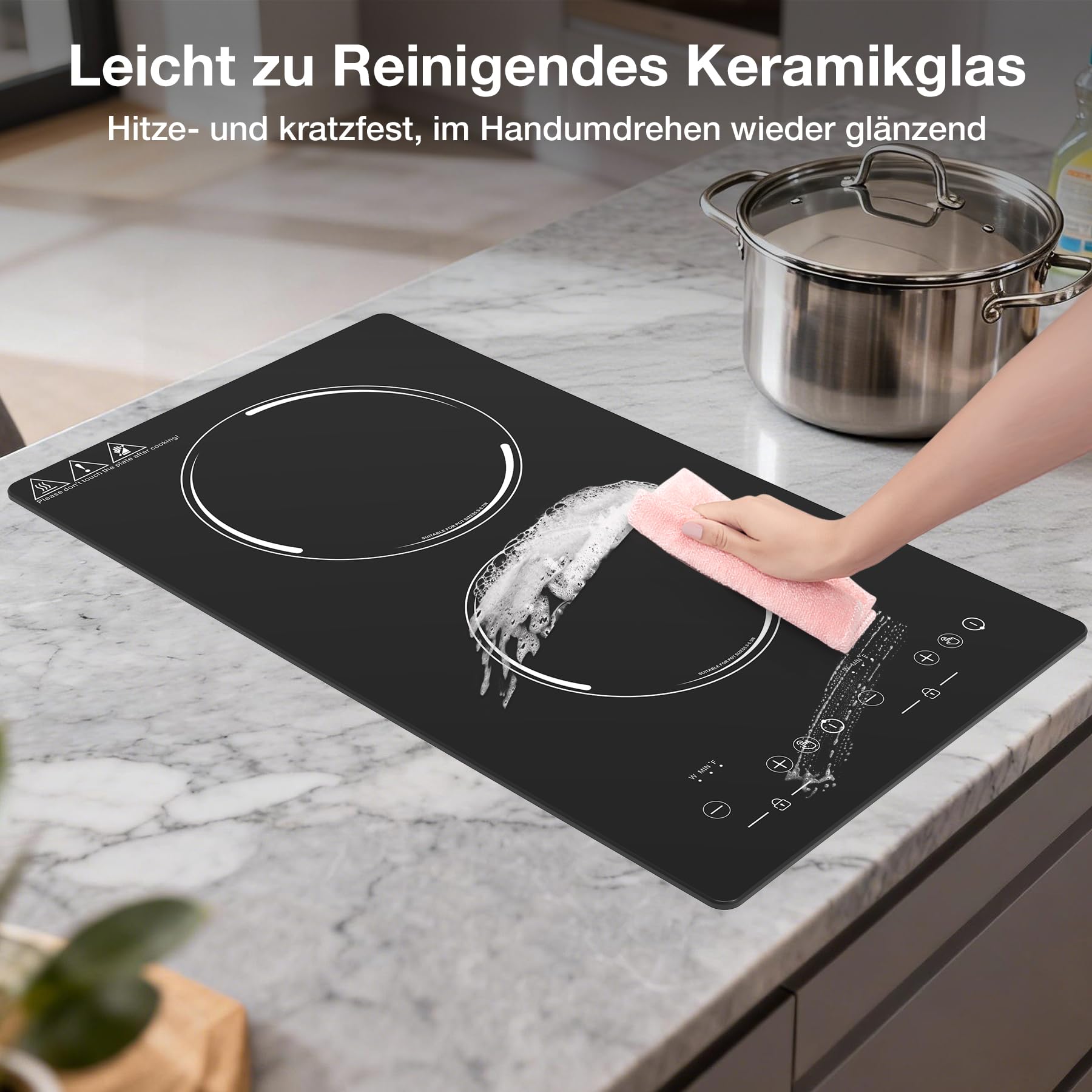Induktionskochfeld 2 Platten 3000W, Domino Einbau und Freistehende Kochplatte, Elektrisch Doppelkochplatte mit Timer und 9 Stufen für Wohnmobil, Studio und kleine Küche