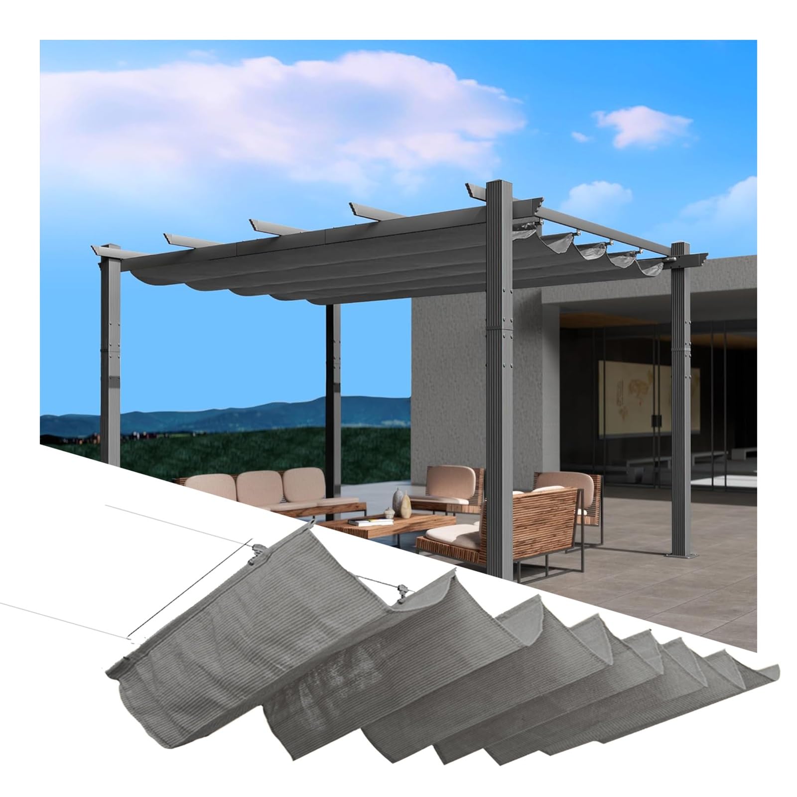 Copertura impermeabile retrattile per pergole e tende parasole per esterni, per giardini, terrazze, ponti e gazebi, sostituisci la tua tenda (dimensioni: 3,2 x 4 m (larghezza x lunghezza x lunghezza)