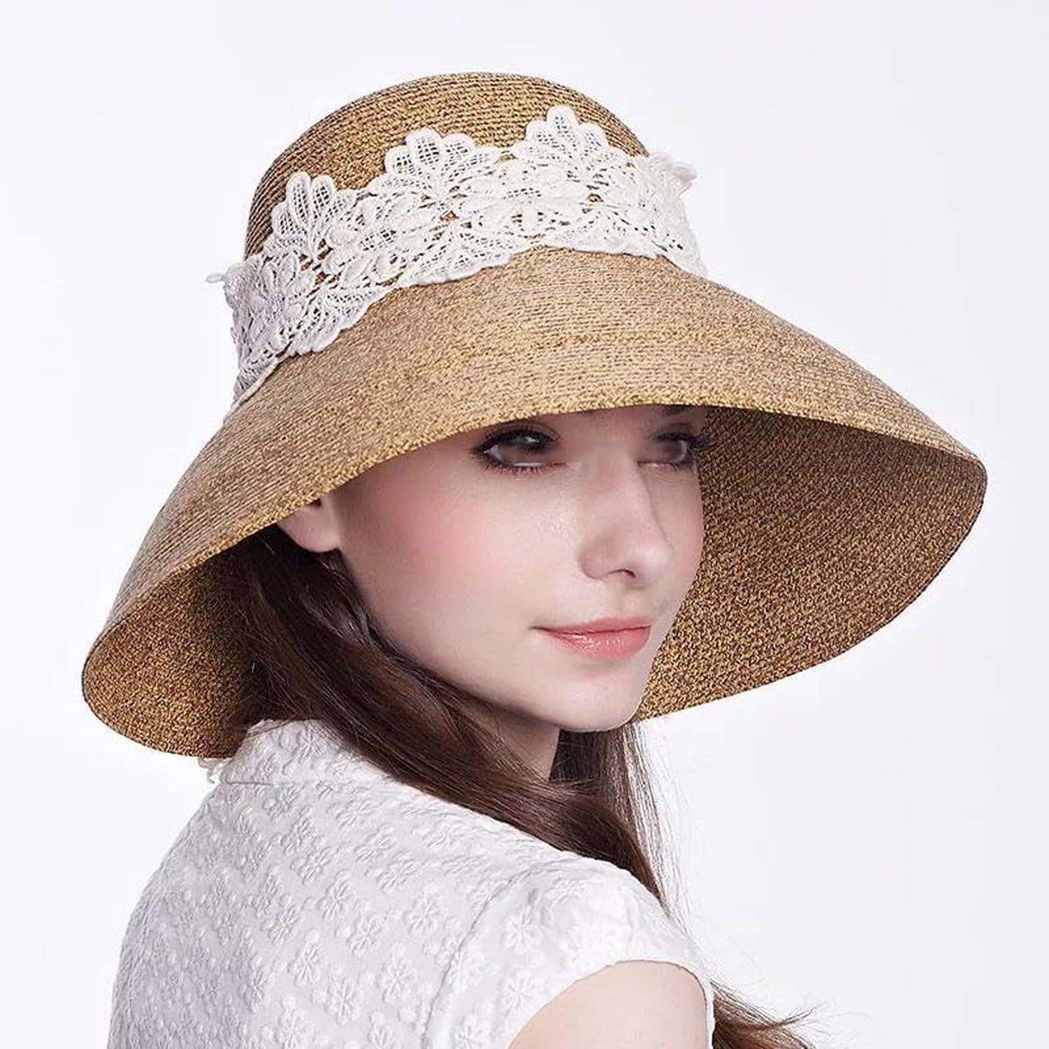 Sombrero de Paja Plegable ala Ancha, Visera Elegante y Protector Solar para Playa y Actividades al Aire Libre en Verano, Caqui