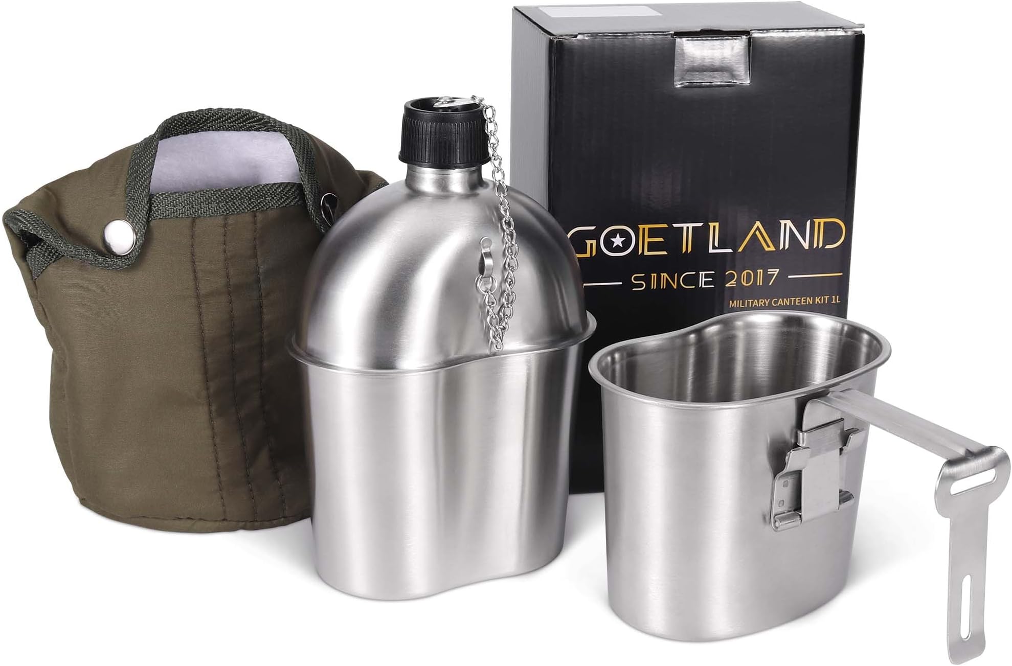 Stainless Steel WWII US Military Canteen Kit 1QT with 0.5QT Cup Nylon Cover G.I. for Camping