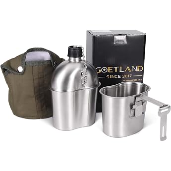 Goetland Stainless Steel US Military Field Bottle Set 1L with 0.5L Cup Nylon Bag Water Bottle Cooking Pot Camping Mug
