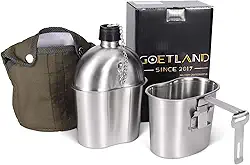 Goetland Kit de cantina militar dos EUA da Segunda Guerra Mundial de aço inoxidável 1 litro com copo de 0,5 litro de cobertura de nylon G.I.