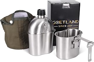 Goetland Stainless Steel WWII US Army Canteen Water Bottle Military Canteen Kit 1QT with 0.5QT Cup Nylon Pouch G.I.