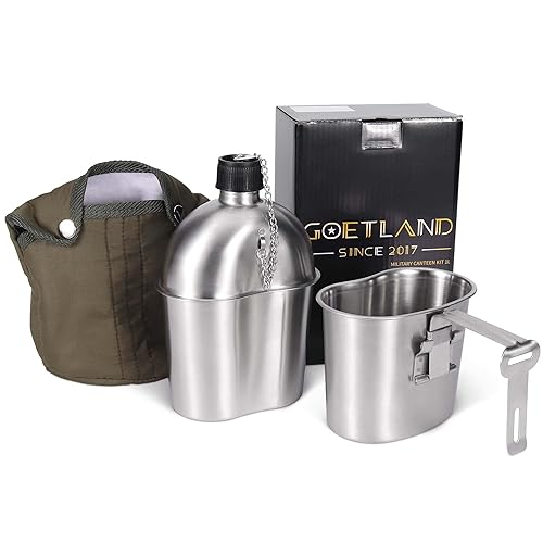 Goetland Stainless Steel WWII US Army Canteen Water Bottle Military Canteen Kit 1QT with 0.5QT Cup Nylon Pouch G.I.
