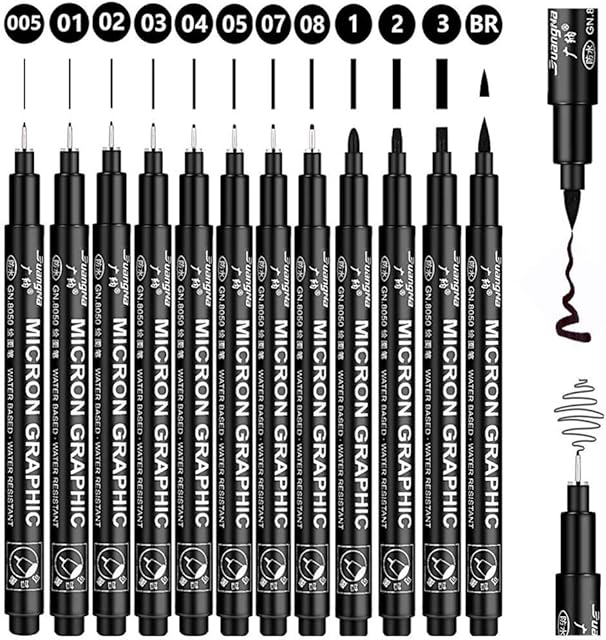 Fineliner Pens, 12 Outline Black Pens, Micro Liner Pen For Artist Illustration Technical Drawing, Office Documents, Sketching, Scrapbooking, Manga, Black Fineliner Set by Kunstbor
