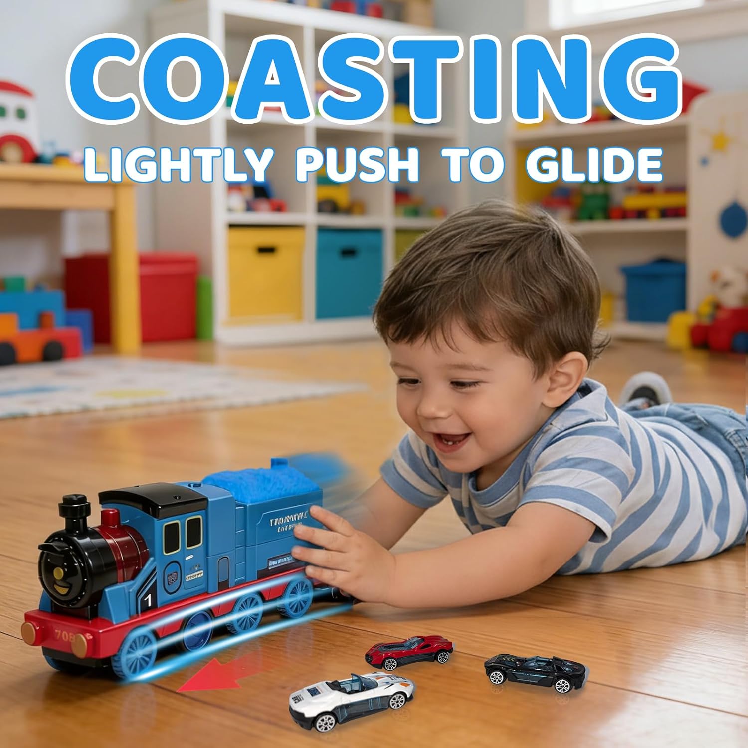 Transforming Engine Train Set for Kids & Toy Car Catapult, Back Folds Out to Secret Garage for Mini Cars, Shoot and Race Fun, Preschool Festival Train Gift Toys for Toddlers 3+ (Blue)