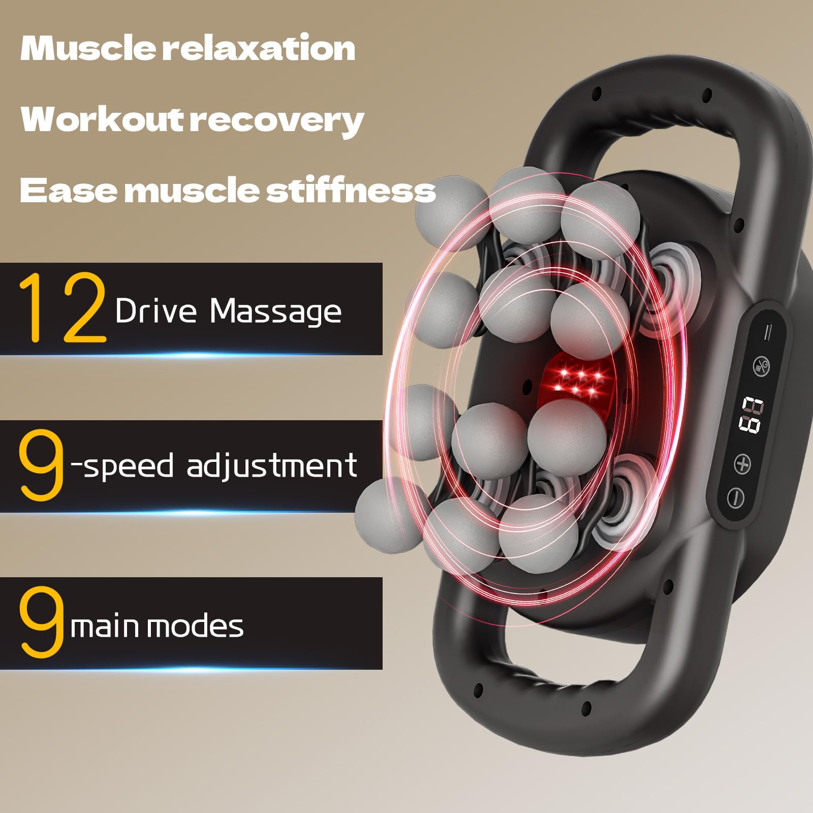 Massagepistole mit 12 Kopfen, Tiefengewebe mit 9 Stufen und 9 Modi, schnurloses elektrisches Percussion-Massagegerät für Rücken, Nacken, Schulter, Hand, Beine, Fuß, Ganzkörpermuskulatur