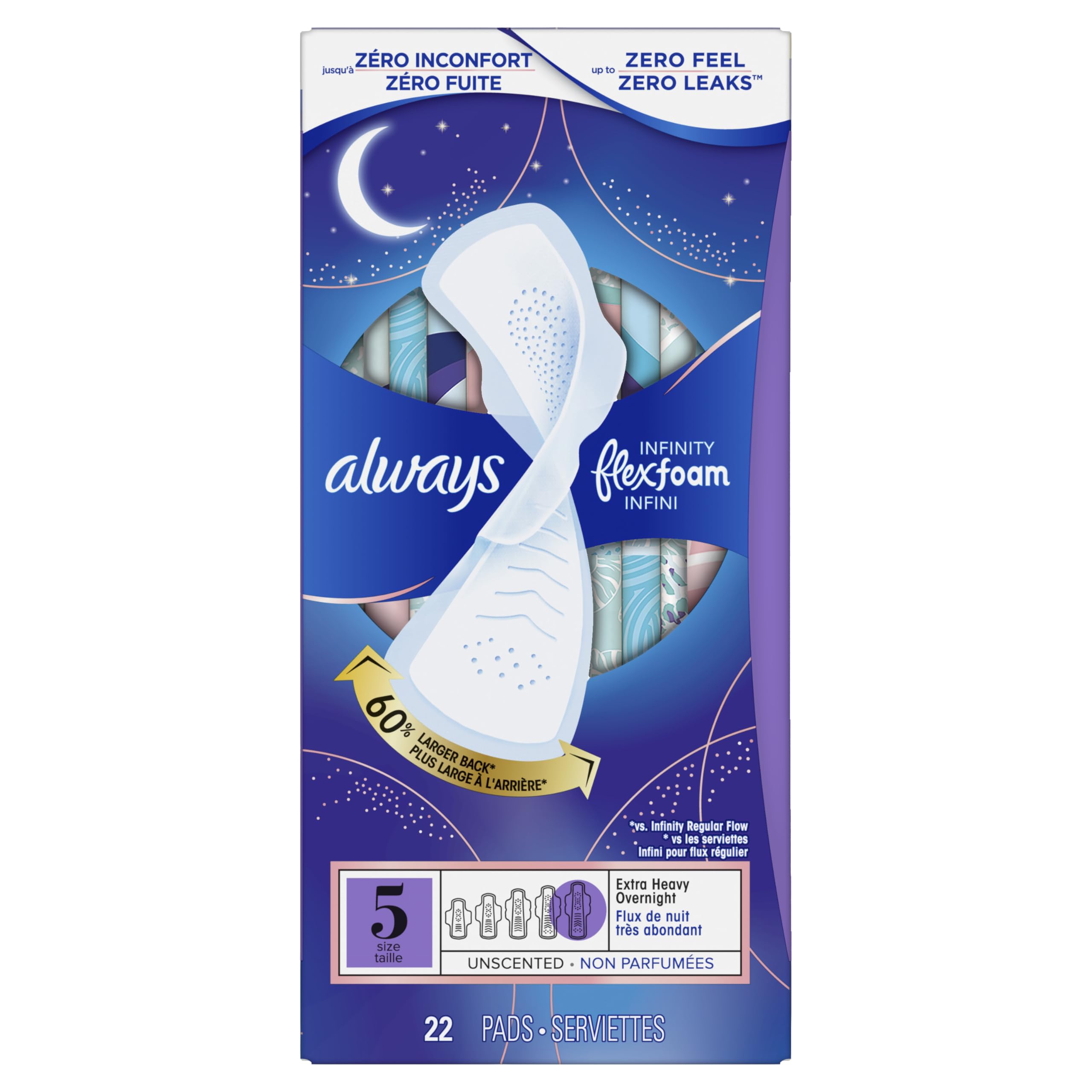 Always Infinity with FlexFoam Pads, Size 5, Extra Heavy Overnight Absorbency, with Wings, Unscented, Up to Zero leaks, Zero Feel Protection, 22 Count